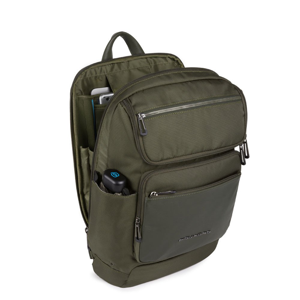 Piquadro Macbeth Laptoprucksack 14" aus Leder und mit recyceltem Stoff Olivgrün