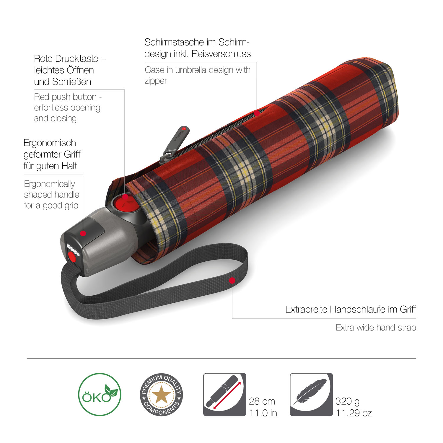 Knirps T.200 Medium Duomatic Automatischer Taschenschirm Check Red & Navy