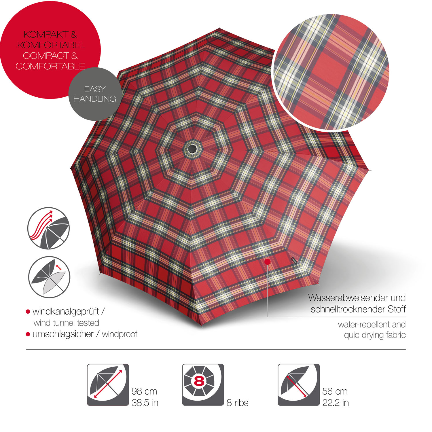 Knirps T.200 Medium Duomatic Automatischer Taschenschirm Check Red & Navy Knirps T.200 Medium Duomatic Automatischer Taschenschirm Check Red & Navy