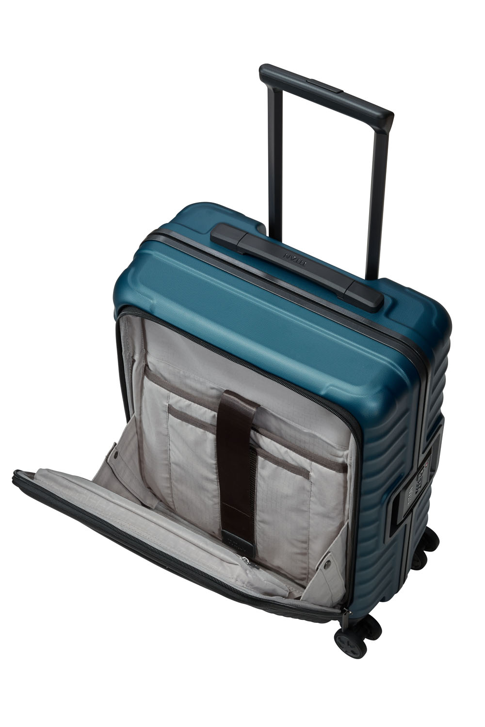 TITAN Litron Frame Trolley S, Handgepäck-Koffer mit Vortasche + Gratis Hotelgutschein Petrol