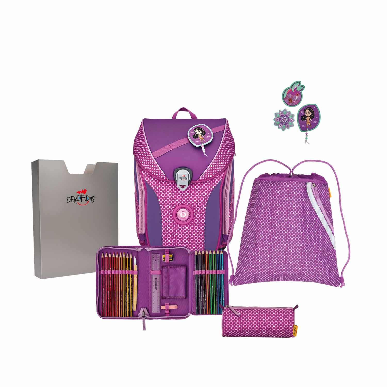 DerDieDas ErgoFlex MAX Schulrucksack-Set 5-teilig mit Sportbeutel Purple Dots