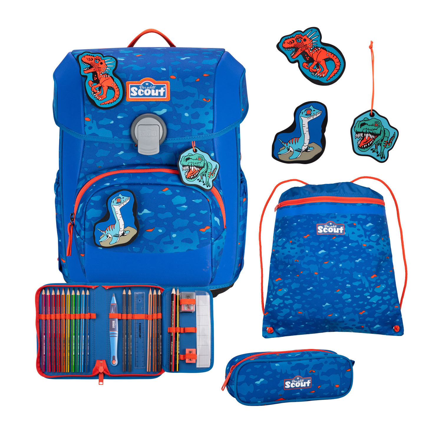 Scout Neo Exklusiv Superflash Schulranzen-Set 4-teilig Blue Dino