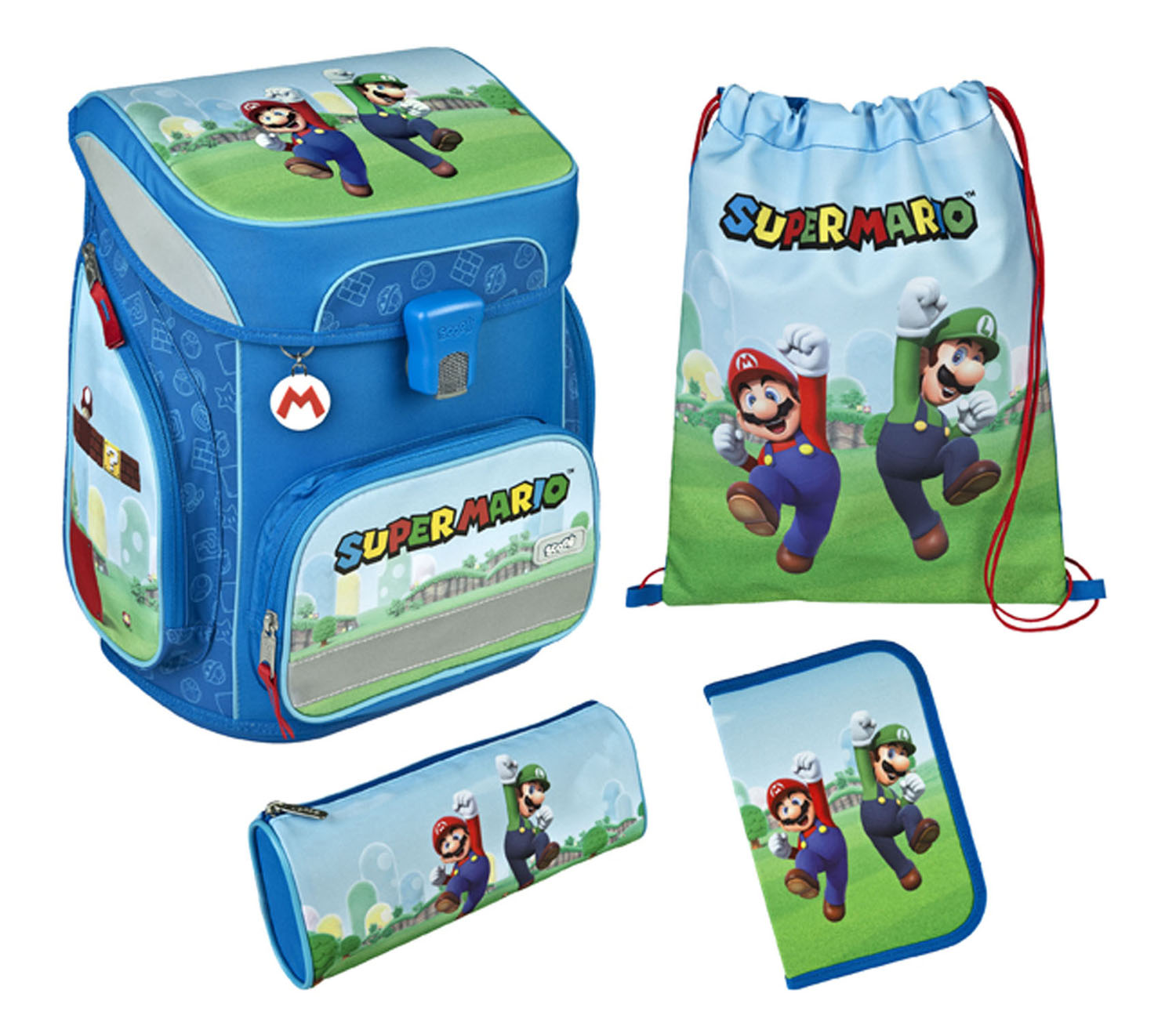 Scooli EasyFit Schulranzen, 5-teiliges Set Super Mario