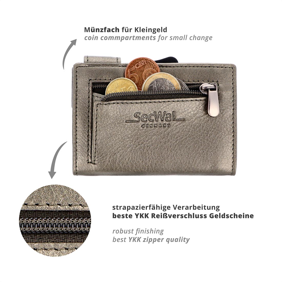 SecWal Metallic Kartenetui mit Münzfach Reißverschluss Metallic grau SecWal Metallic Kartenetui mit Münzfach Reißverschluss Metallic grau