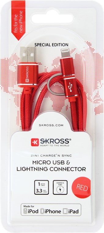 SKROSS Charge'n Sync 2in1 Micro USB & Lightning Connector - Steel Line Rot SKROSS Charge'n Sync 2in1 Micro USB & Lightning Connector - Steel Line Rot