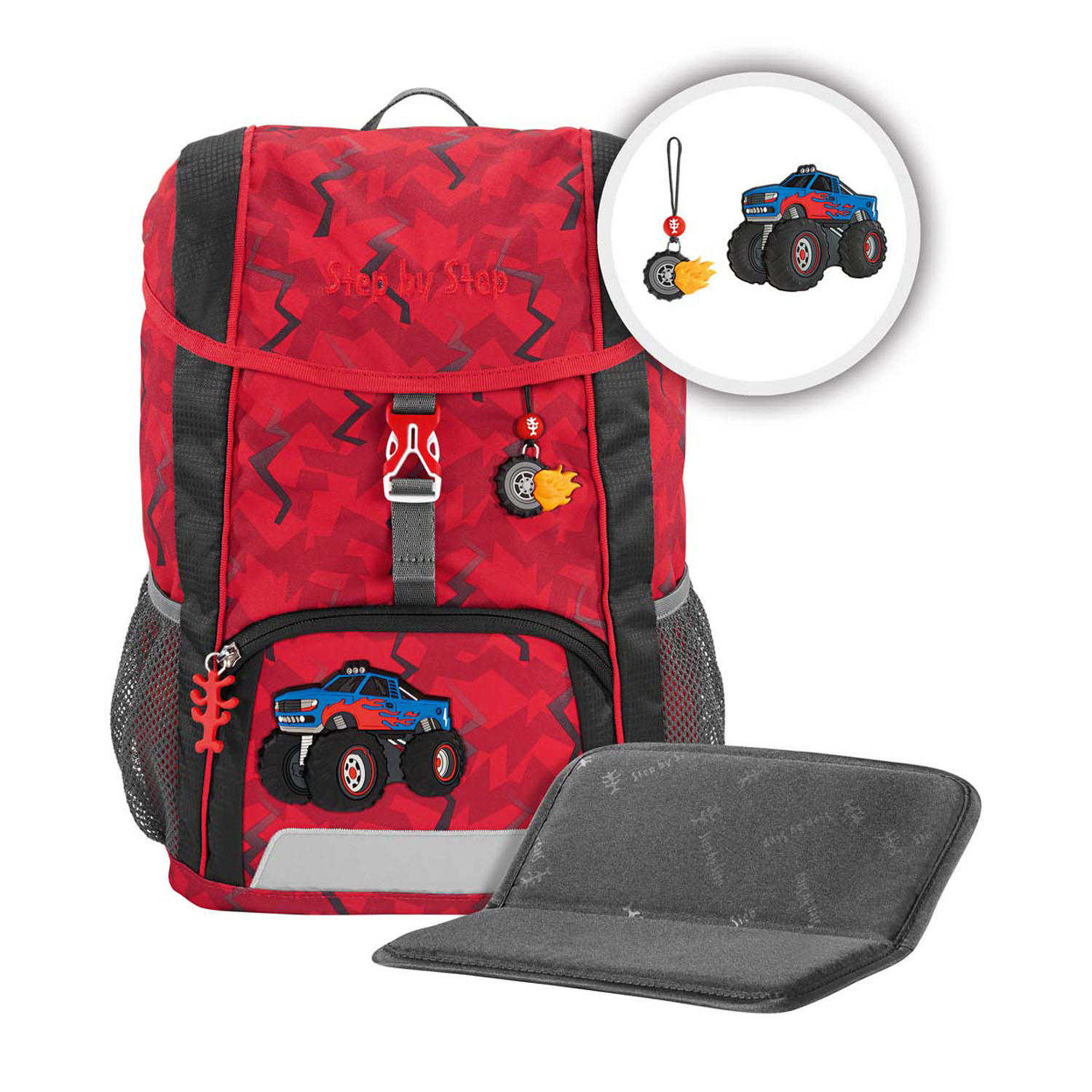 Step by Step Kinderrucksack KID Rucksack-Set, 3-teilig inkl. Sitzkissen Monster Truck Rocky
