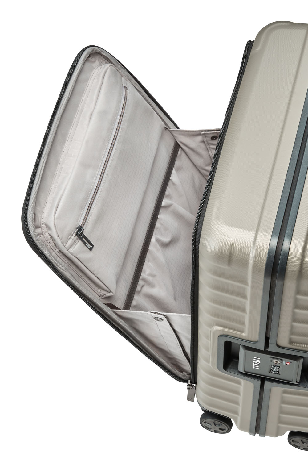 TITAN Litron Frame Trolley S, Handgepäck-Koffer mit Vortasche + Gratis Hotelgutschein Champagner