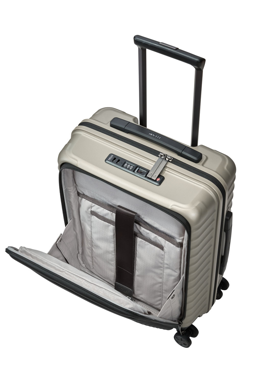 TITAN Litron 4-Rollen Trolley S mit Vortasche + Gratis Hotelgutschein Champagner TITAN Litron 4-Rollen Trolley S mit Vortasche + Gratis Hotelgutschein Champagner
