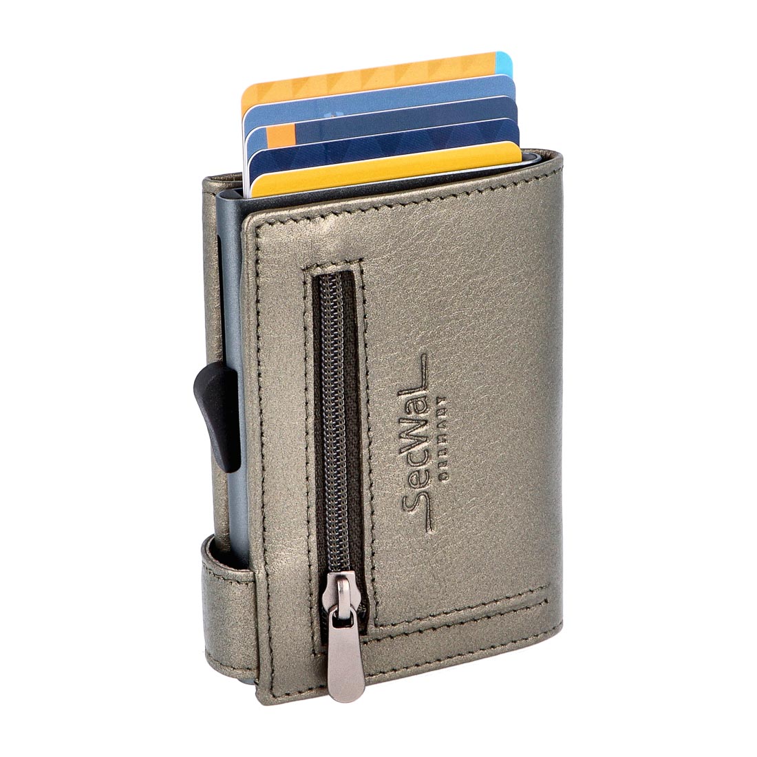 SecWal Metallic Kartenetui mit Münzfach Reißverschluss Metallic grau