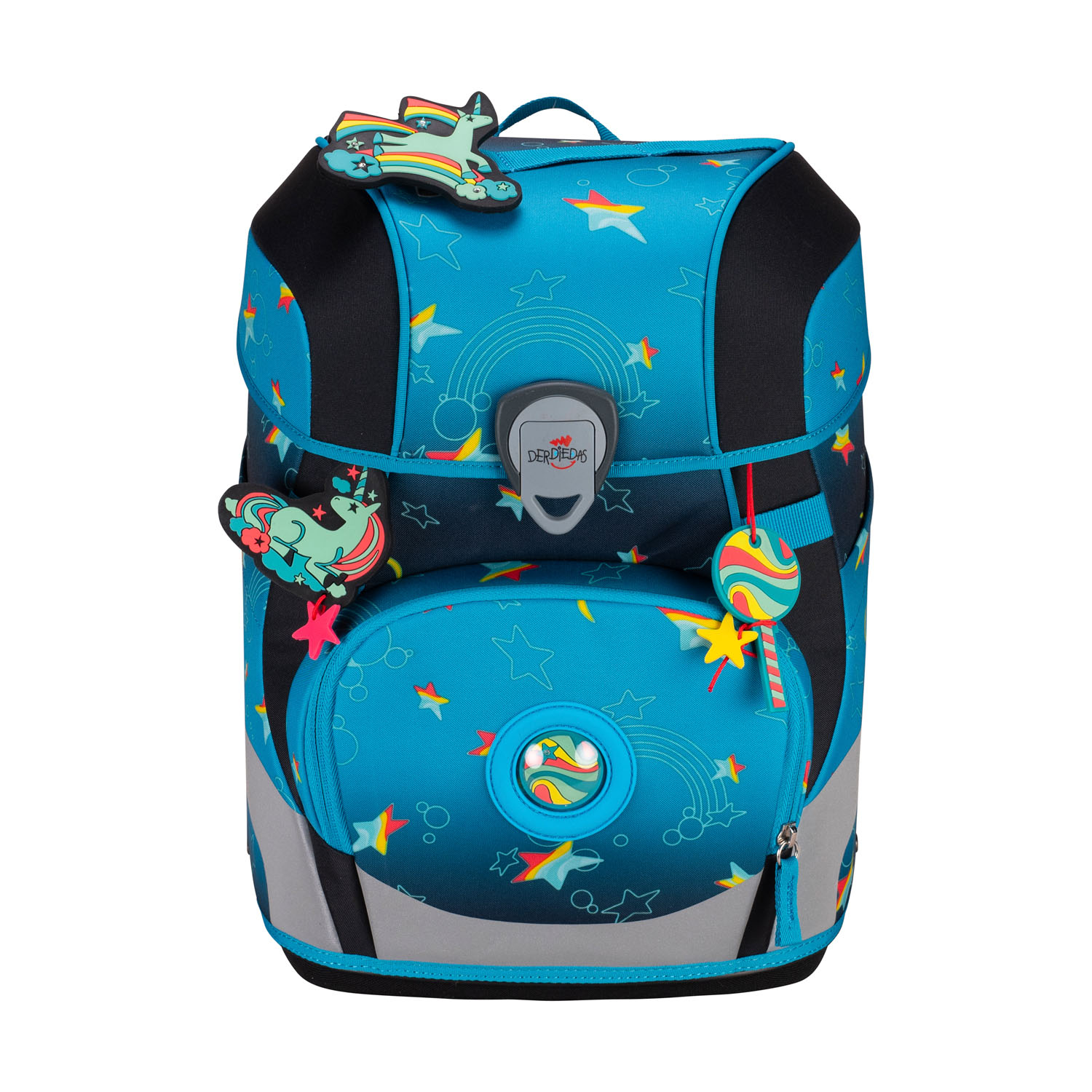 DerDieDas ErgoFlex Tiny Exklusiv LED Schulrucksack 5-teiliges Set Rainbow Star