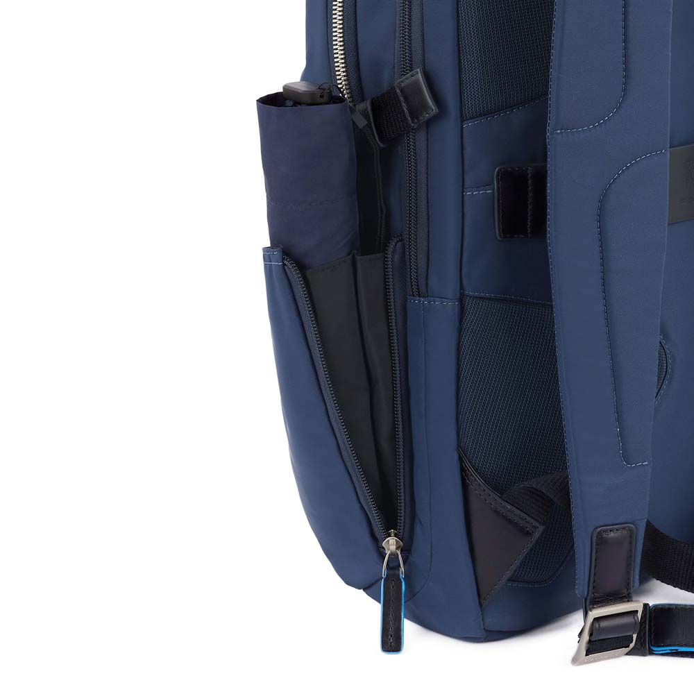 Piquadro PQ-RY Laptoprucksack für 15,6" aus Stoff und Leder Nachtblau