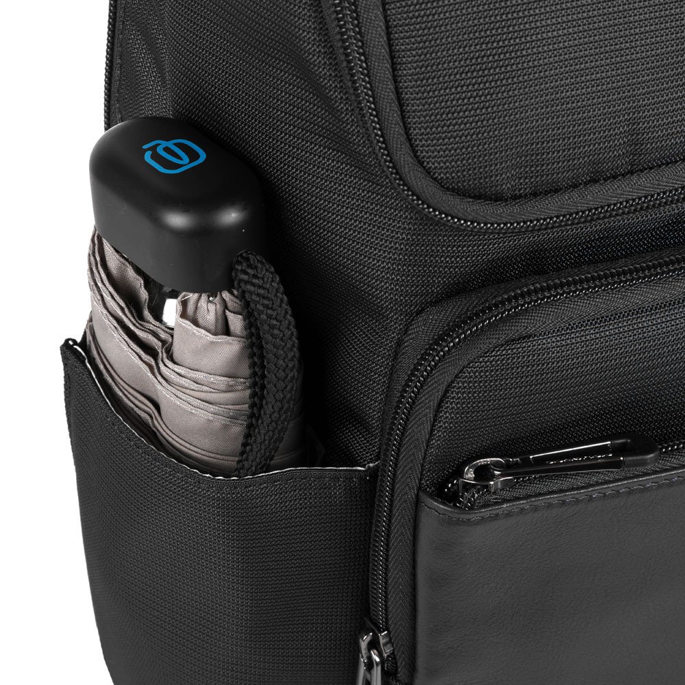 Piquadro Macbeth Laptoprucksack 14" aus Leder und mit recyceltem Stoff Schwarz