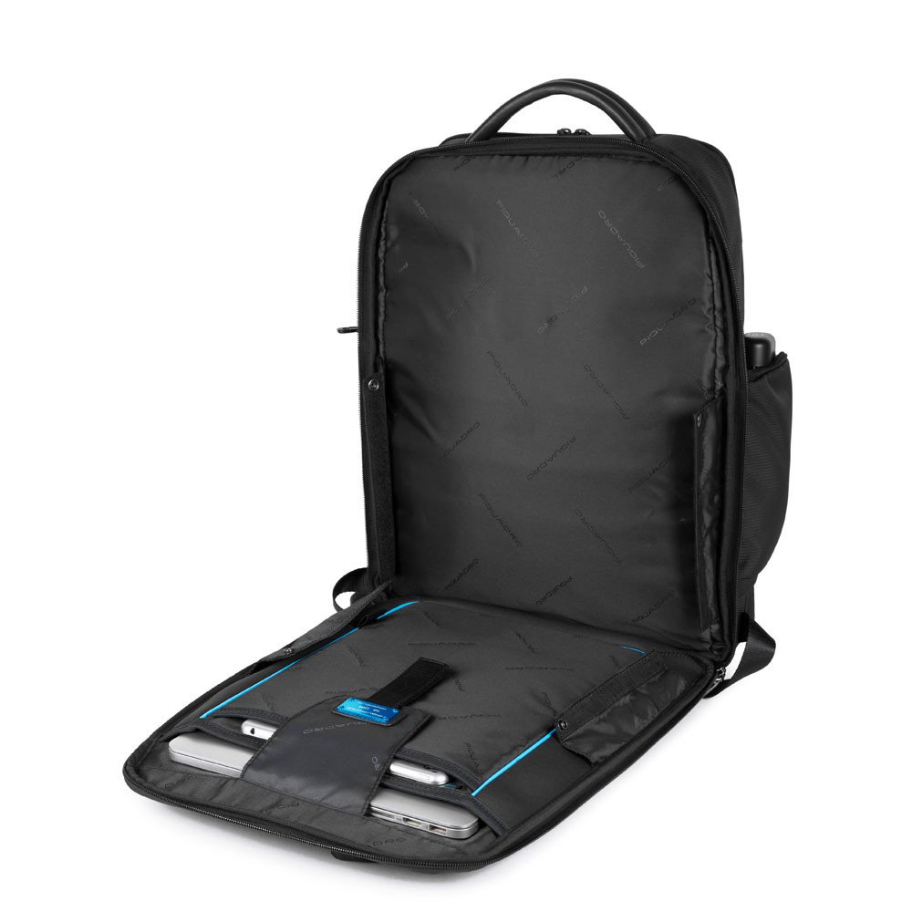 Piquadro Macbeth Fast-check Laptoprucksack 15,6" aus Leder und recyceltem Schwarz