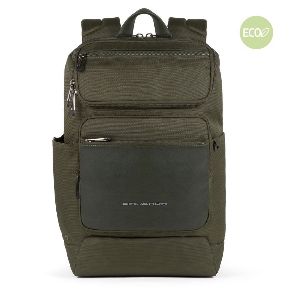 Piquadro Macbeth Laptoprucksack 14" aus Leder und mit recyceltem Stoff Olivgrün