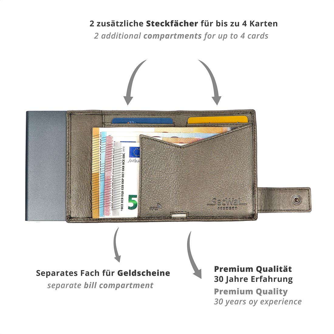 SecWal Metallic Kartenetui mit Münzfach Reißverschluss Metallic grau SecWal Metallic Kartenetui mit Münzfach Reißverschluss Metallic grau