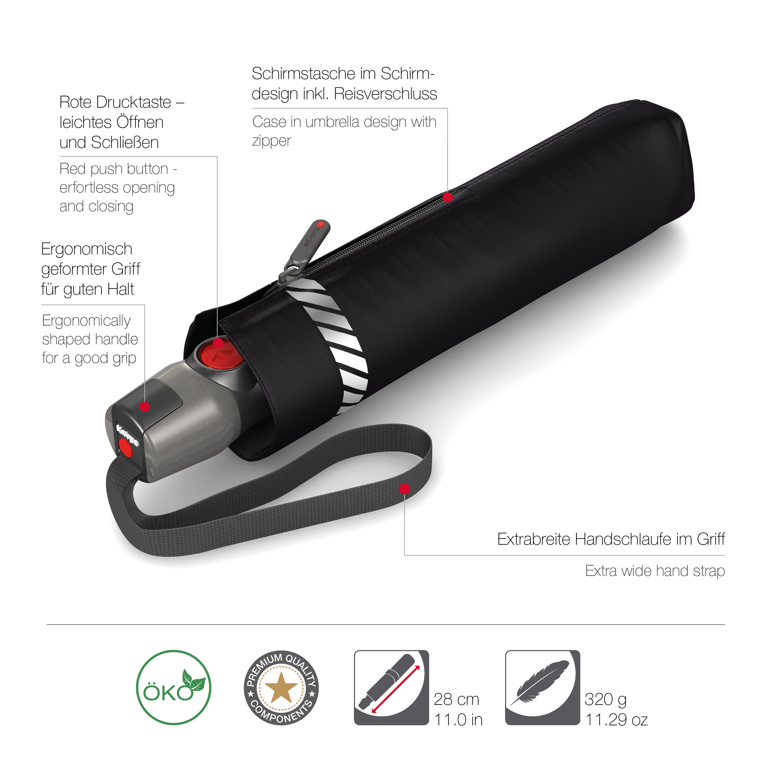 Knirps T.200 Medium Duomatic Automatischer Reflective Taschenschirm Dots Black