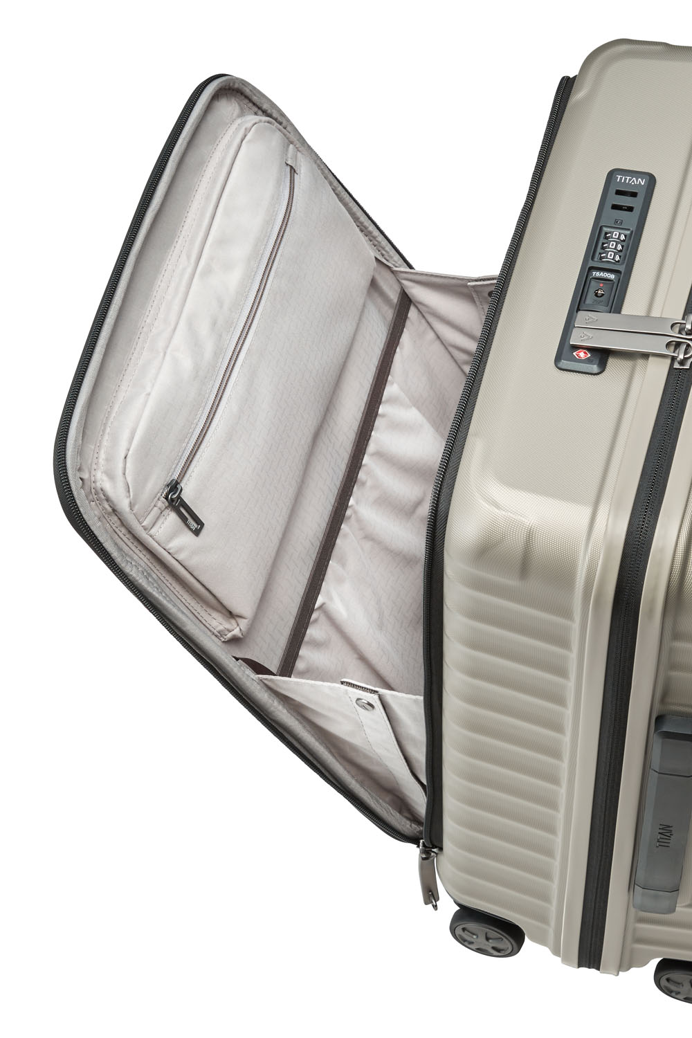 TITAN Litron 4-Rollen Trolley S mit Vortasche + Gratis Hotelgutschein Champagner TITAN Litron 4-Rollen Trolley S mit Vortasche + Gratis Hotelgutschein Champagner