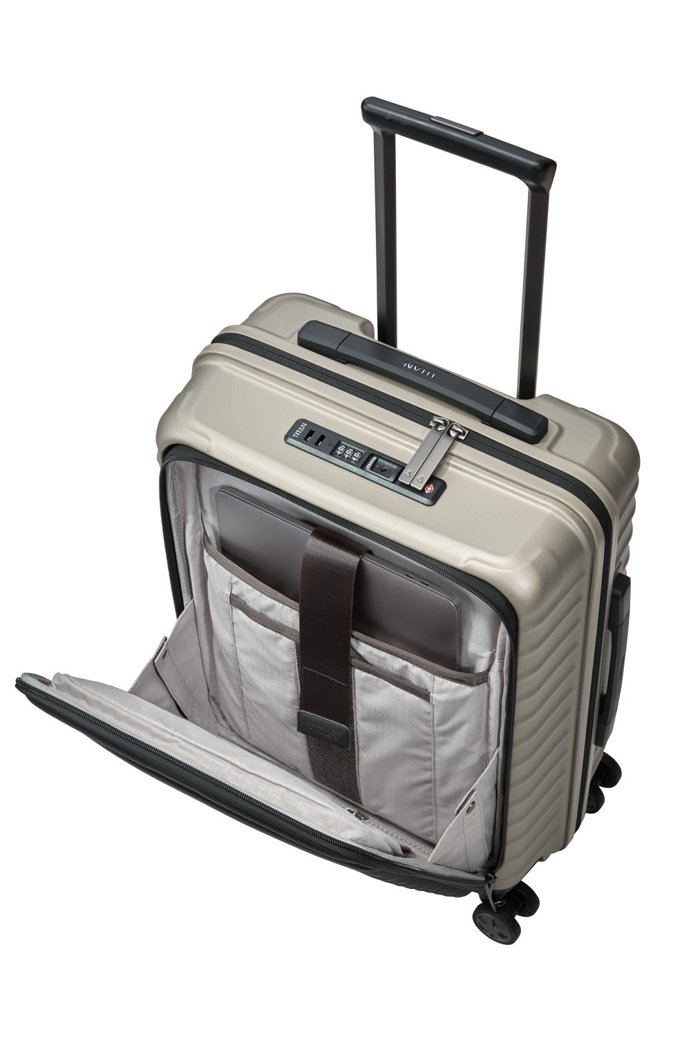 TITAN Litron 4-Rollen Trolley S mit Vortasche + Gratis Hotelgutschein Champagner TITAN Litron 4-Rollen Trolley S mit Vortasche + Gratis Hotelgutschein Champagner