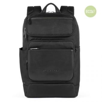 Piquadro Macbeth Laptoprucksack 14" aus Leder und mit recyceltem Stoff Schwarz