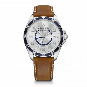 Victorinox FieldForce Classic GMT 42mm Herrenuhr silver white dial, brown leather strap