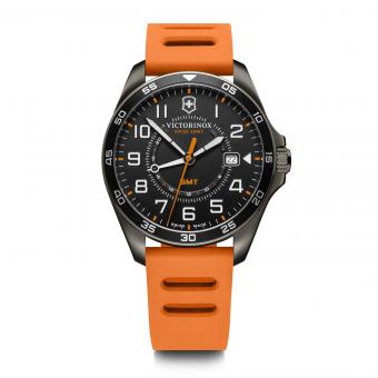 Victorinox FieldForce Sport GMT Herrenuhr gun metal bezel, black dial, orange rubber strap