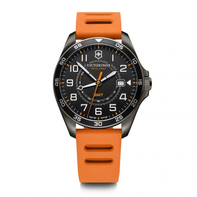 Sport GMT Herrenuhr gun metal bezel, black dial, orange rubber strap